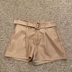 Women’s Faux Leather Tan Belted Shorts
